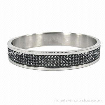 Stainless Steel Bracelets with Rows of Black Crystal Stones, Fashionable and Elegant